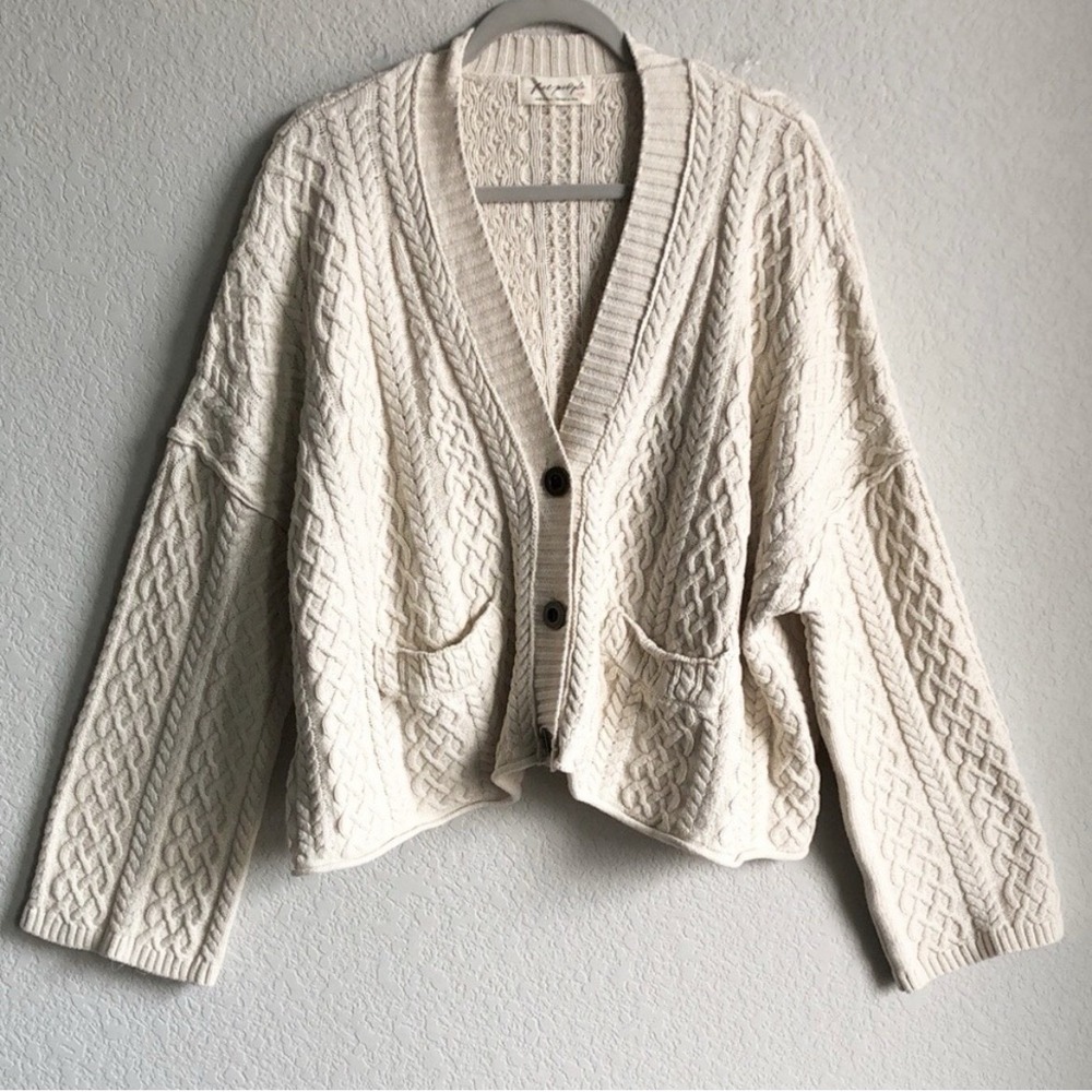 Free People Washed Ashore Cream Cable Knit Cropped Cardigan Size XS Slouchy
